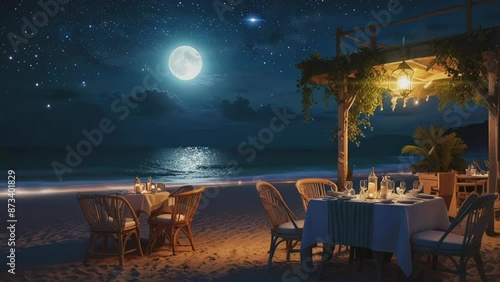 beachside restaurant at night.Seamless 4k time lapse virtual video animation background
