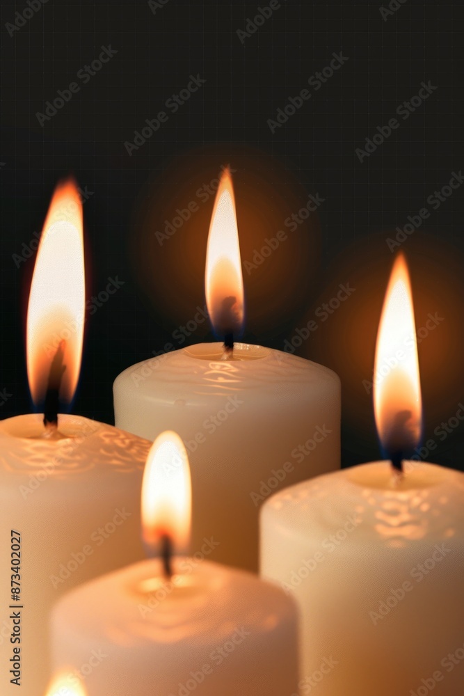 A close up of four candles with their flames visible. The candles are lit and the image conveys a sense of warmth and comfort A close up of four candles with their flames visible. The candles are lit and the image conveys a sense of warmth and comfort
