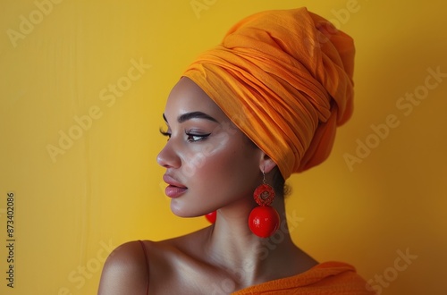 Woman Wearing Orange Headscarf and Red Earrings Against a Yellow Background