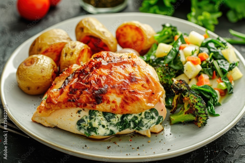 A delicious spinach and cheese stuffed chicken breast, served with roasted potatoes and a side of steamed vegetables A delicious spinach and cheese stuffed chicken breast, served with roasted potatoes and a side of steamed vegetables