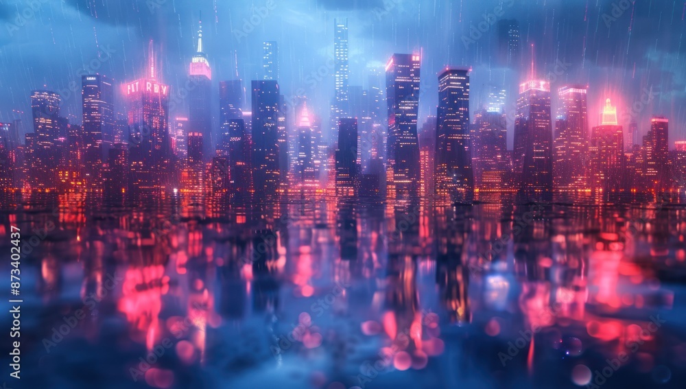 Neon Skyline Reflected in Rain-Soaked City Neon Skyline Reflected in Rain-Soaked City