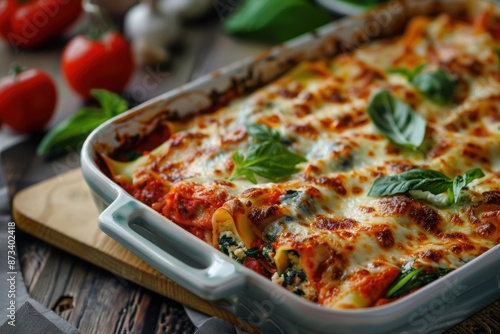 A spinach and ricotta stuffed cannelloni, baked in a rich tomato sauce and topped with melted mozzarella 