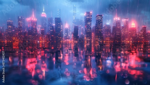 Neon Skyline Reflected in Rain-Soaked City