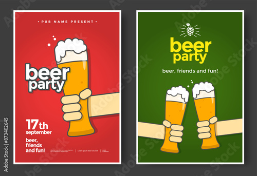 Beer party poster or flyer design. Glass of beer in hand. Vector illustration