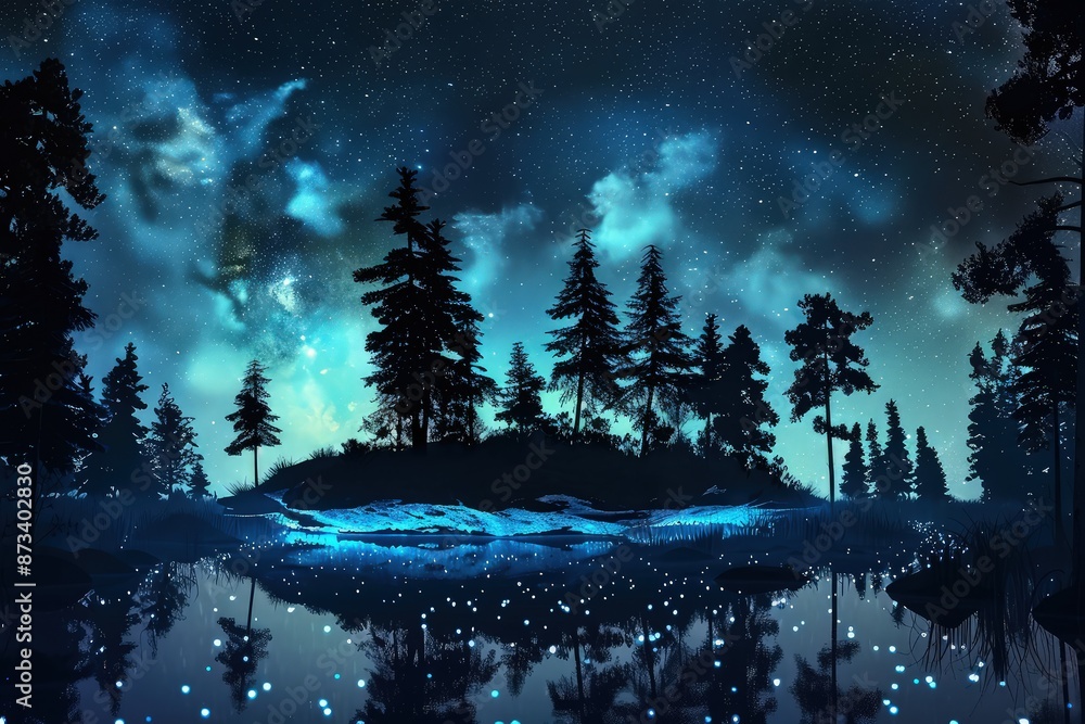 Fototapeta premium A floating island at night, featuring a bioluminescent lake that glows with a mysterious light. Surrounding the lake are dark, silhouetted trees against a starry sky.