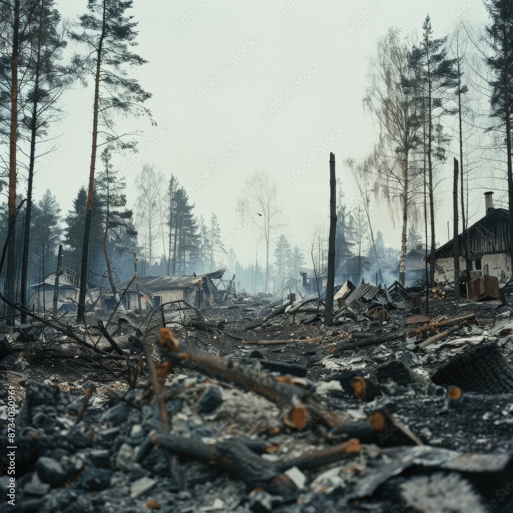 Destruction of a forest area with burnt trees and buildings Destruction of a forest area with burnt trees and buildings