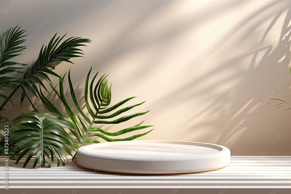 empty white podium mockup for product display background with palm leaves shadow empty white podium mockup for product display background with palm leaves shadow
