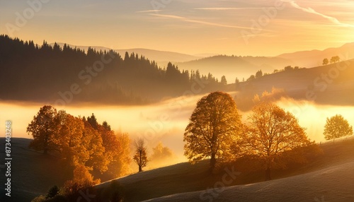 golden trees and hills in morning light at misty sunrise  photo