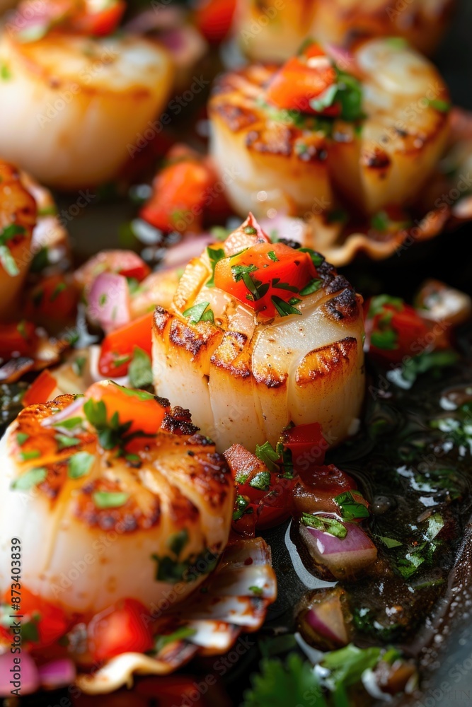 Obraz premium A plate of food with a variety of vegetables and herbs. The dish is a mix of different flavors and textures, making it a delicious and healthy meal