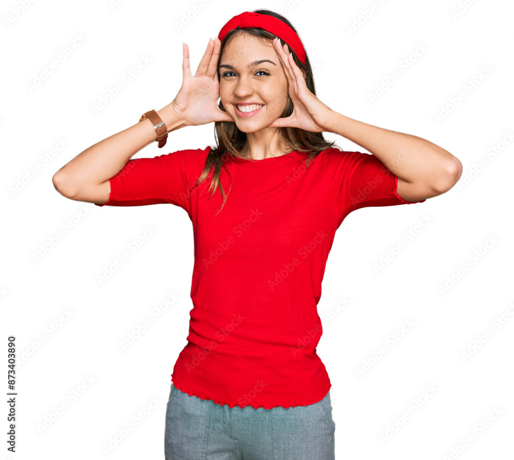Young brunette woman wearing casual clothes smiling cheerful playing peek a boo with hands showing face. surprised and exited Young brunette woman wearing casual clothes smiling cheerful playing peek a boo with hands showing face. surprised and exited