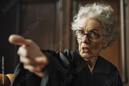 An elderly woman with glasses, dressed in a judge’s robe, points assertively in a courtroom setting. She appears stern and focused, embodying authority and justice. photo