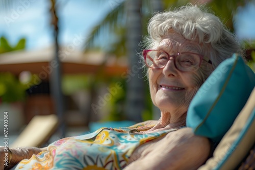 A white-haired elderly woman, adorned with pink glasses, lounges comfortably on a blue cushion in a lush, sunny garden, reflecting a serene lifestyle. photo