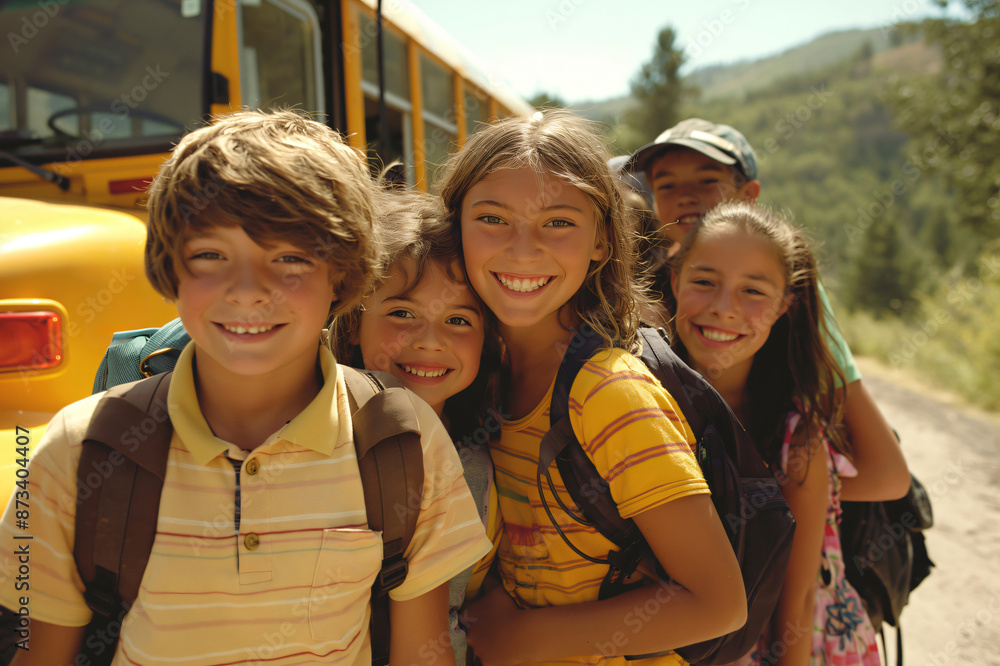 Group of elementary school students with backpacks smiling in front of a school bus on a field trip Group of elementary school students with backpacks smiling in front of a school bus on a field trip
