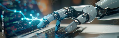 Futuristic Robotic Hand Typing On Laptop Keyboard In Blue And Red Lighting