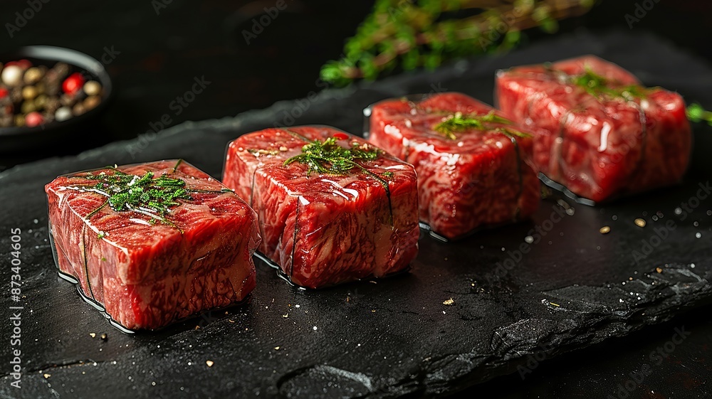 Fresh raw beef steaks on slate board with herbs and spices Fresh raw beef steaks on slate board with herbs and spices