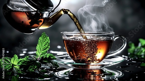 Wallpaper Mural   A steaming green tea is pouring from a cup into a glass Torontodigital.ca