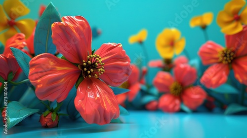 Wallpaper Mural   A clear photo of a bouquet of flowers against a blue background, featuring bright yellow and red blooms at its center Torontodigital.ca