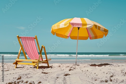 A pink wooden chair and yellow striped umbrella are set on a picturesque sandy beach, offering a peaceful retreat with turquoise waves gently breaking the shore.