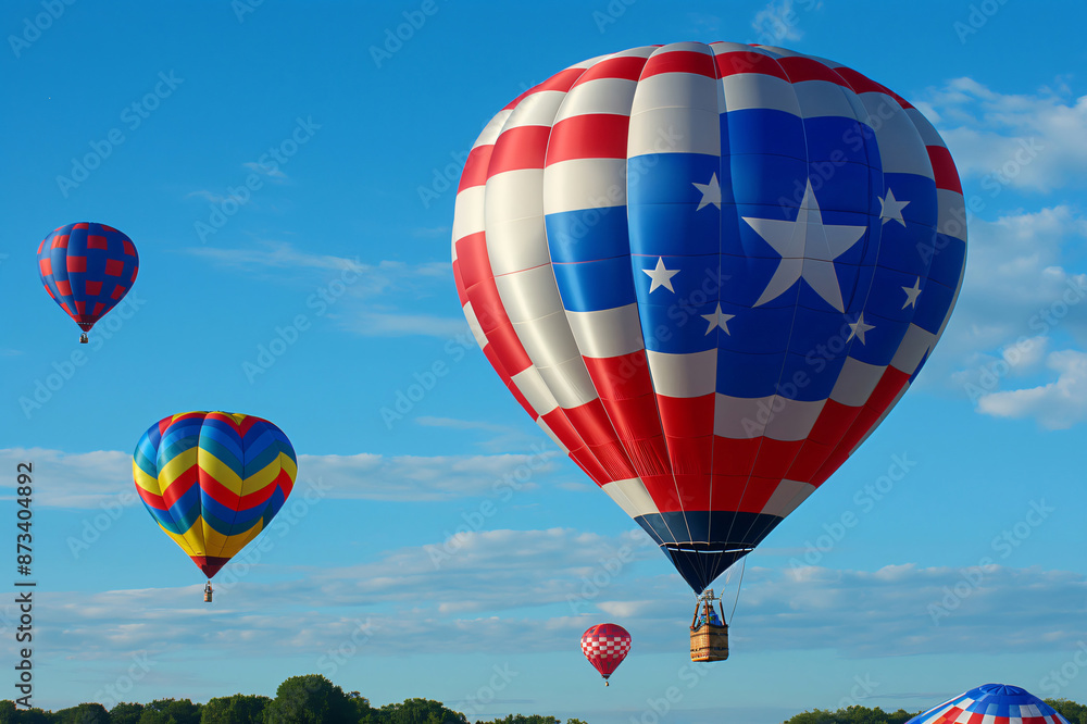 Naklejka premium Colorful hot air balloons soar through a clear blue sky with fluffy white clouds, evoking freedom and adventure