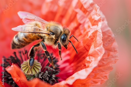 A honey bee is depicted in stunning detail as it lands on the vivid orange petals of a flower, exemplifying the intricate relationship between pollinators and blossoms. photo