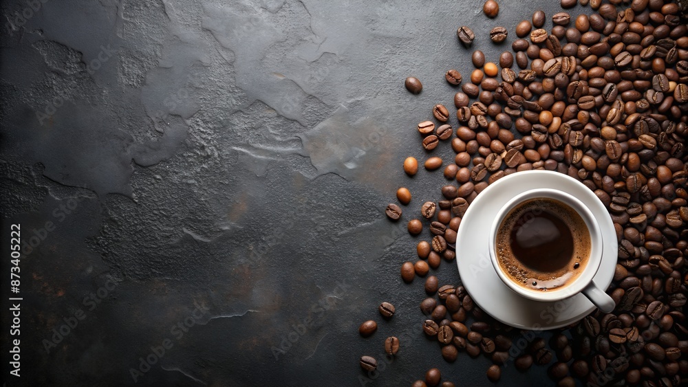 Banner, close-up of coffee cup and coffee beans on dark stone background. Top view. Banner, close-up of coffee cup and coffee beans on dark stone background. Top view.
