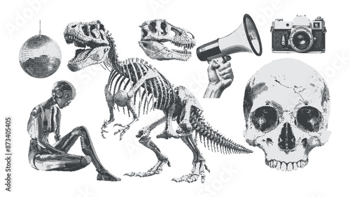 Surreal retro graphic kit. Dinosaur skeleton, skull, female robot, disco ball, camera, loudspeaker.  Monochrome halftone collage cut out element in a pop art style. Contemporary dotted