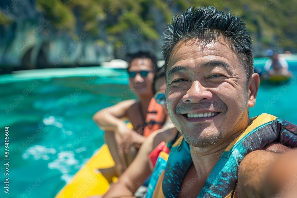 Two men on a boat, one in a life jacket, enjoy a sunny day out at sea, capturing a happy moment. The background features clear blue waters and a scenic view. Two men on a boat, one in a life jacket, enjoy a sunny day out at sea, capturing a happy moment. The background features clear blue waters and a scenic view.