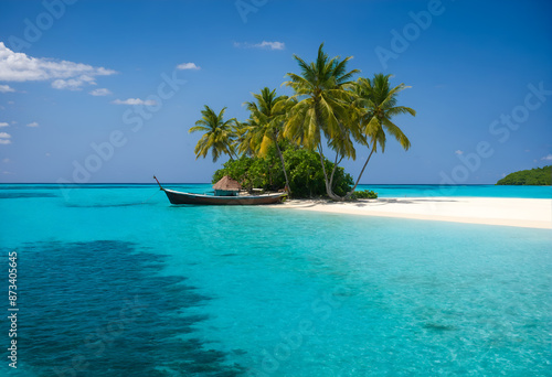 Tropical island with hut and palms surrounded by ocean blue water