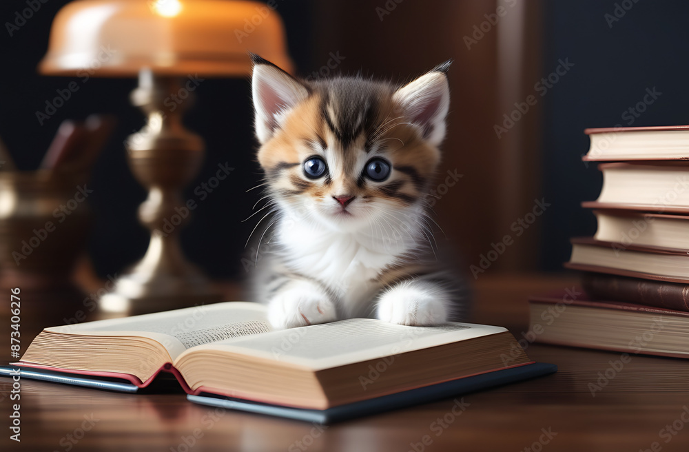 Gray white red black kitten near the opened book and glasses. Reading your favourite books Gray white red black kitten near the opened book and glasses. Reading your favourite books