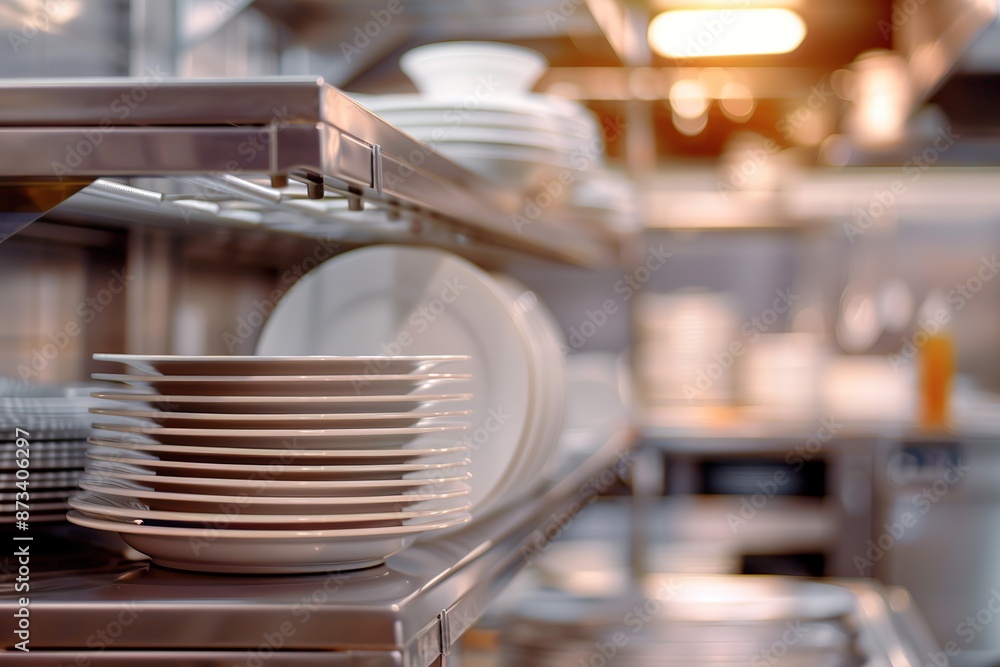 Clean washed dishes in restaurant kitchen Clean washed dishes in restaurant kitchen