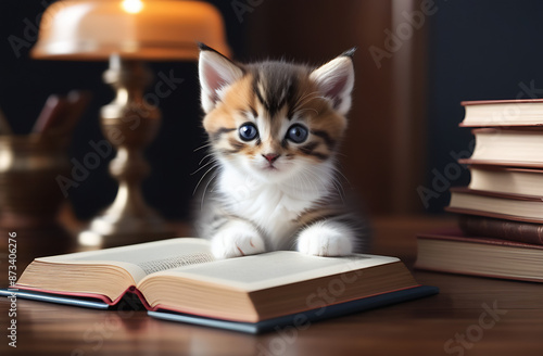 Wallpaper Mural Gray white red black kitten near the opened book and glasses. Reading your favourite books Torontodigital.ca