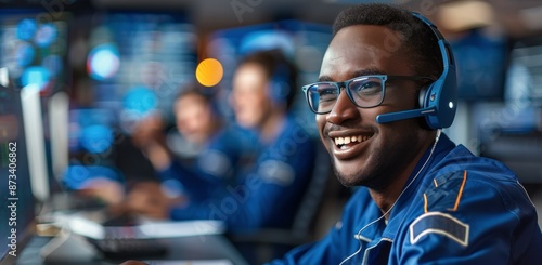 Smiling Male Technician Wearing Headset in Modern Control Room