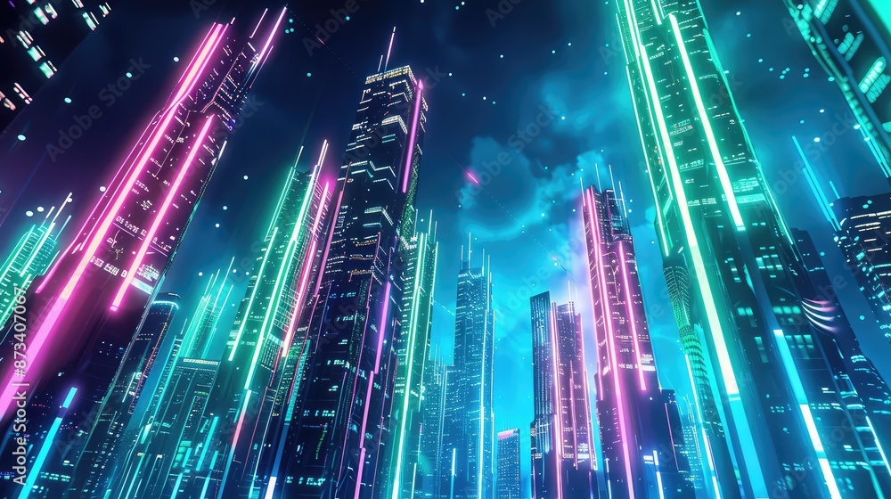 Obraz premium A futuristic skyline with towering skyscrapers emitting pulsating neon lights in shades of blue, pink, and green, under a dark cybernetic sky.