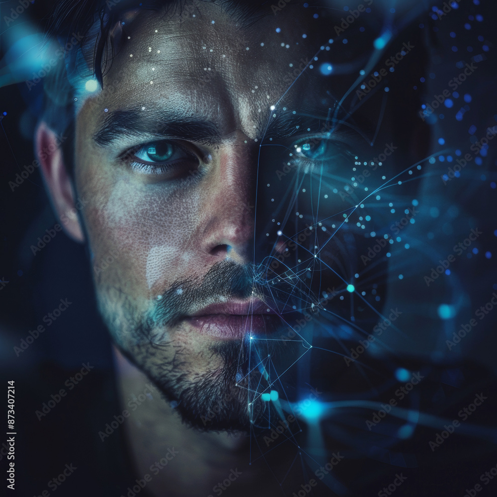 Face recognition and authentication concept featuring the personal data of a handsome man and a fingerprint on an abstract dark background. Face recognition and authentication concept featuring the personal data of a handsome man and a fingerprint on an abstract dark background.