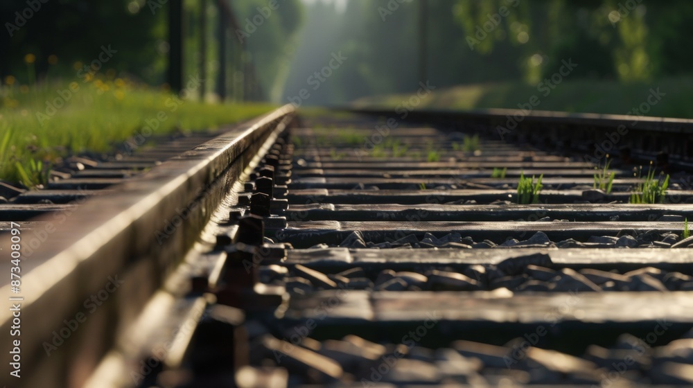 The railway tracks, filmed in close-up, go into the distance. The railway tracks, filmed in close-up, go into the distance.