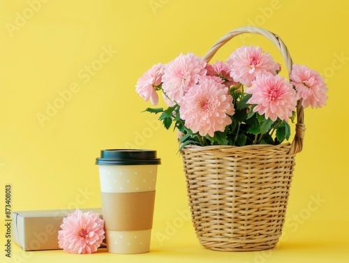 A basket of pink flowers sits on a yellow table next to a coffee cup. The flowers are arranged in a way that they are visible from all angles, and the basket is woven to give it a rustic feel