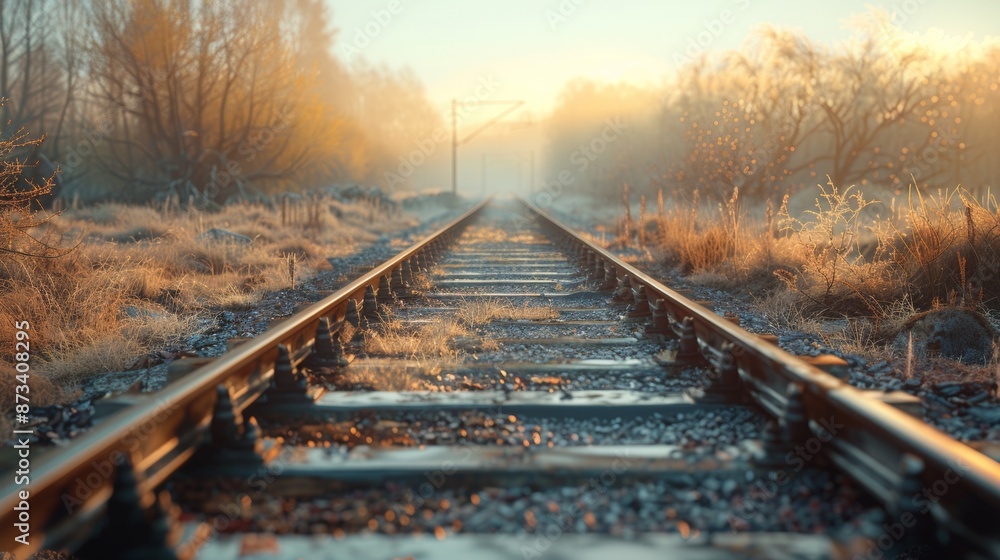 Fototapeta premium Close-up of railroad tracks going into the distance.