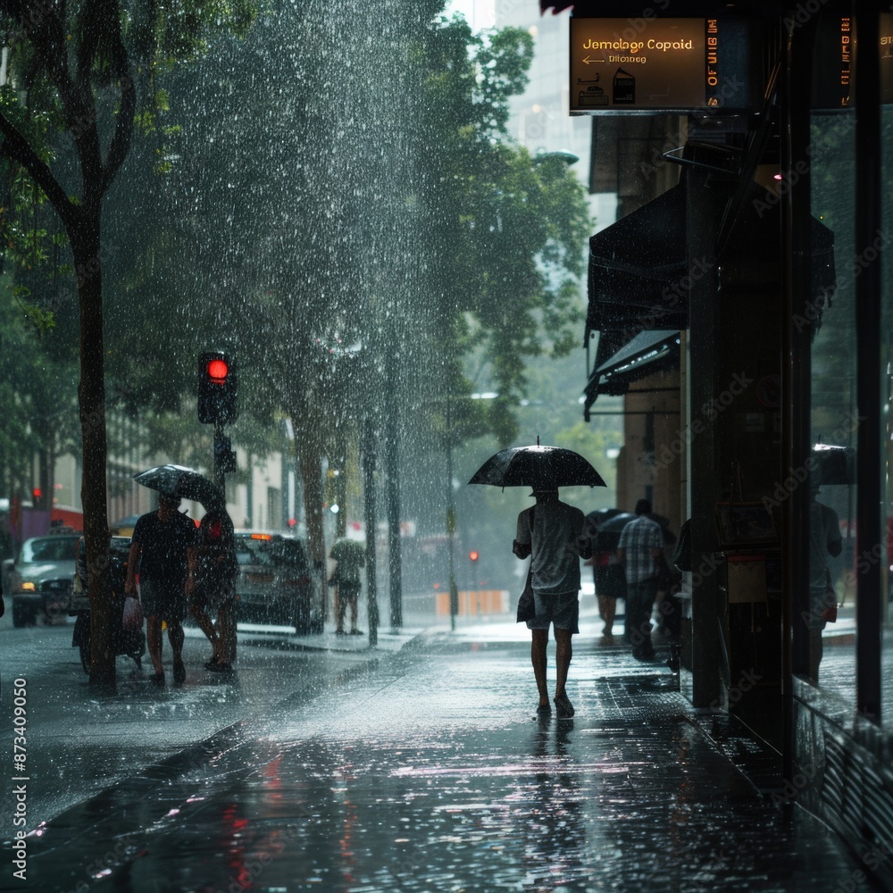 Obraz premium People with umbrellas on a rainy street with reflections