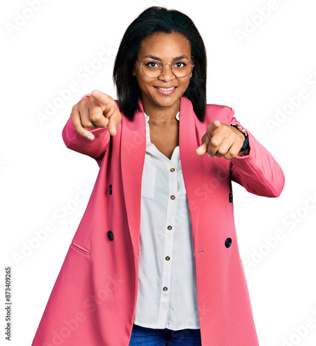 Beautiful hispanic woman wearing business jacket pointing to you and the camera with fingers, smiling positive and cheerful