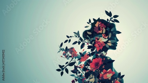 A graphic composition of geometrically arranged flowers and leaves that subtly form the contour of a woman's figure, stylized and modern.