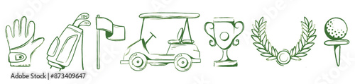 Golf equipment set logo icons sports gear for game. Golfer hits ball on golf course. Golf player, bags, putter, golfer, ball, hole, course, gloves. Vector illustration isolated on background