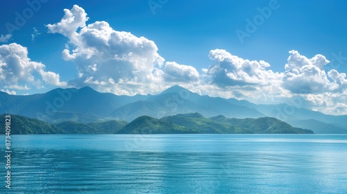 Fototapeta Naklejka Na Ścianę i Meble -  Tropical sea and sky with mountains in the background
