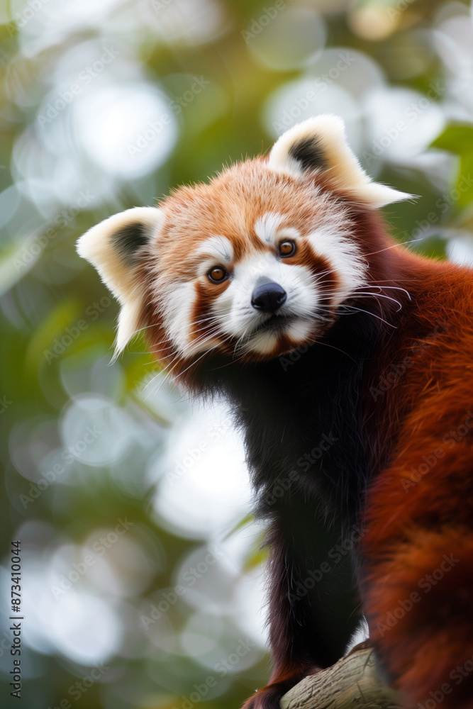 Red Panda on Tree Branch with Green Foliage Background Red Panda on Tree Branch with Green Foliage Background