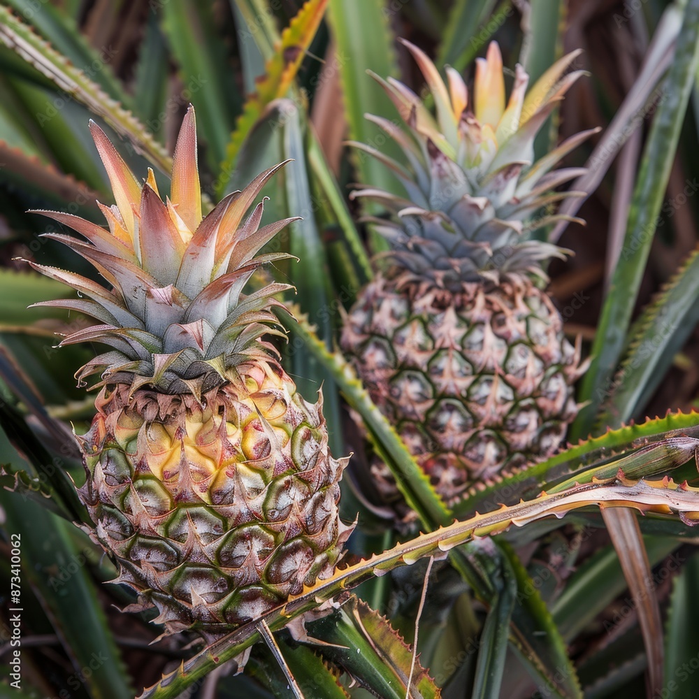 Succulent pineapples, their rough, segmented skins topped with spiky green leaves, growing close to the ground. Succulent pineapples, their rough, segmented skins topped with spiky green leaves, growing close to the ground.