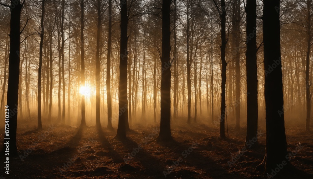 Fototapeta premium A golden dawn lights up the misty forest