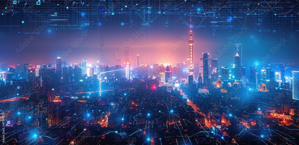 Nighttime Cityscape with Illuminated Skyscrapers and Abstract Digital Network Overlay Nighttime Cityscape with Illuminated Skyscrapers and Abstract Digital Network Overlay