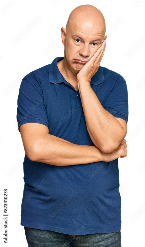 Middle age bald man wearing casual clothes thinking looking tired and bored with depression problems with crossed arms. Middle age bald man wearing casual clothes thinking looking tired and bored with depression problems with crossed arms.