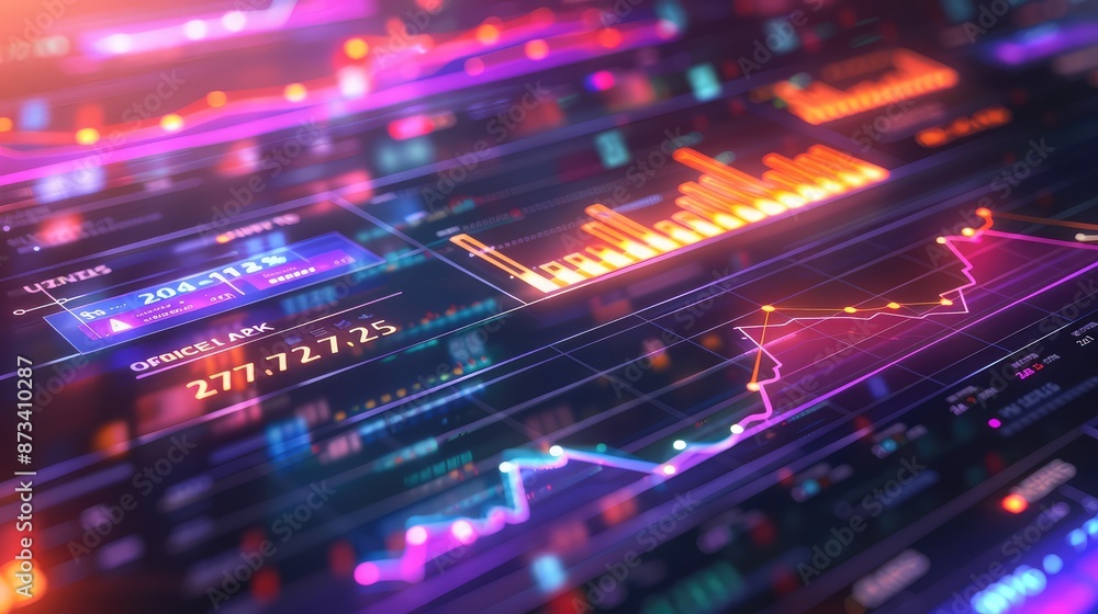 A high-resolution image of a digital financial report with live updating figures and trending lines in bright, eye-catching colors on a sleek interface. A high-resolution image of a digital financial report with live updating figures and trending lines in bright, eye-catching colors on a sleek interface.