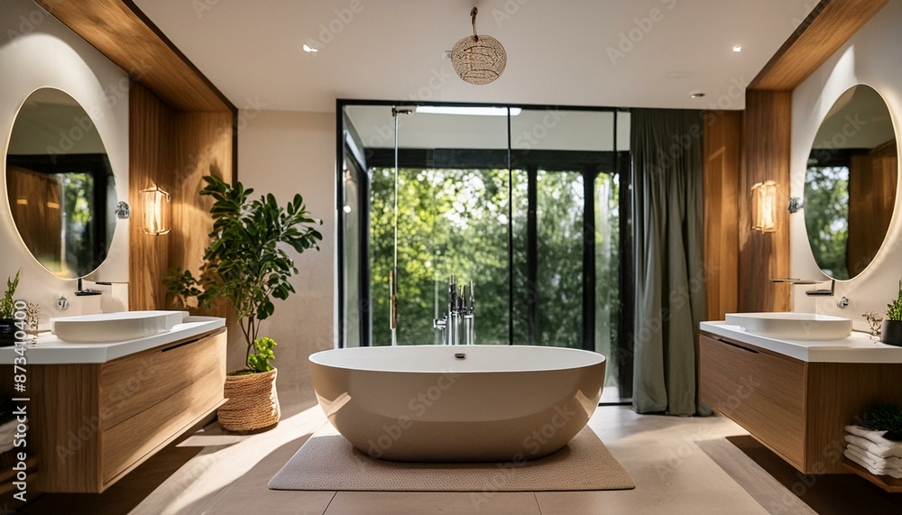 Modern bathroom with a freestanding bathtub, glass shower, and luxury fixtures Modern bathroom with a freestanding bathtub, glass shower, and luxury fixtures