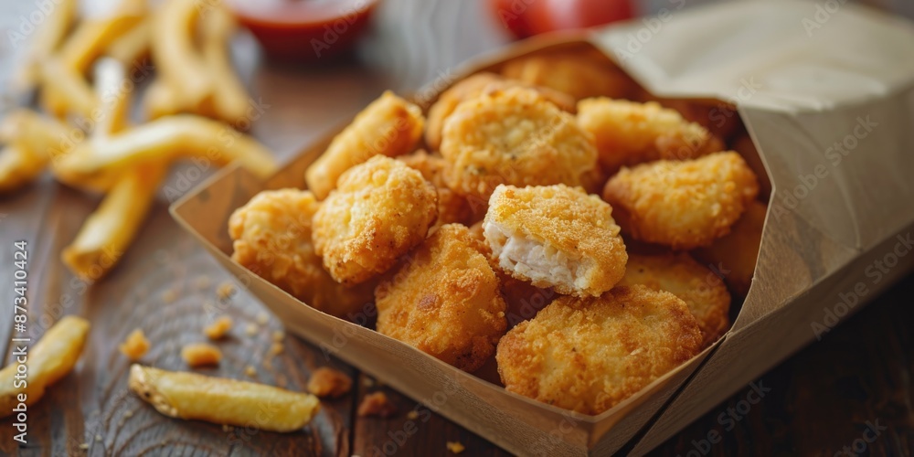 A bag of chicken nuggets sits on a wooden table next to a container of ketchup and french fries A bag of chicken nuggets sits on a wooden table next to a container of ketchup and french fries